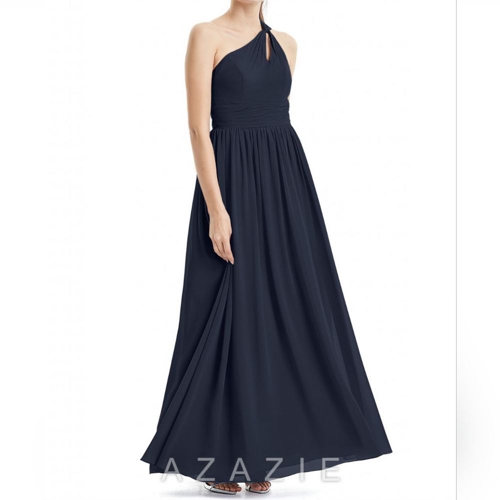 NWT Azazie Vanessa Chiffon One-Shoulder Formal Dress/Gown in Dark Navy, Sz 10.